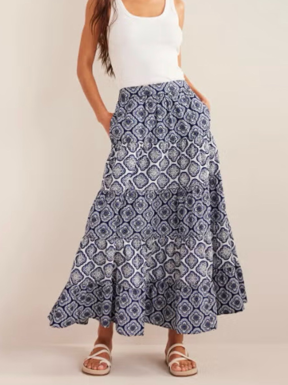 Boden Tiered Poplin Maxi Skirt: Heavenly Blue, Botanic Blush pattern 8